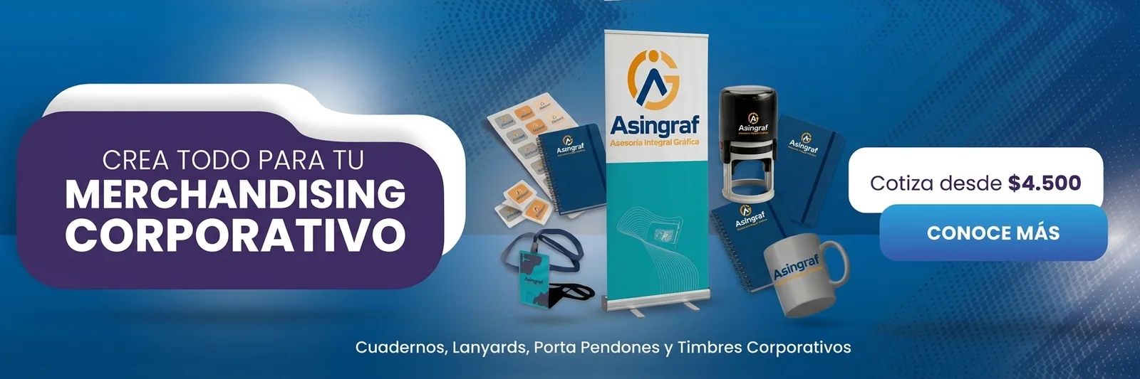 Merchandising corporativo: cuadernos, lanyards, porta pendones y timbres